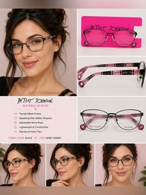 Betsey Johnson Glitz BLK 52-18-135 Eyeglass Frames Pink Glitter Demo Lenses